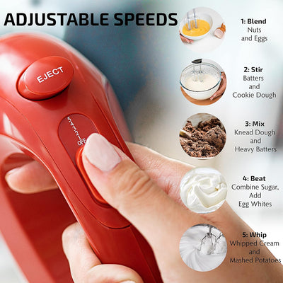 OVENTE Portable 5-Speed Electric Hand Mixer - Stainless Steel Whisk, Compact 150W, Red HM151R