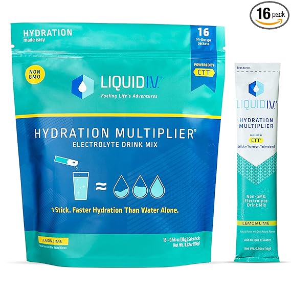 Liquid I.V. Hydration Multiplier - Lemon Lime - Powder Packets | Electrolyte Drink Mix | Easy Open Single-Serving | Non-GMO | 16 Stick
