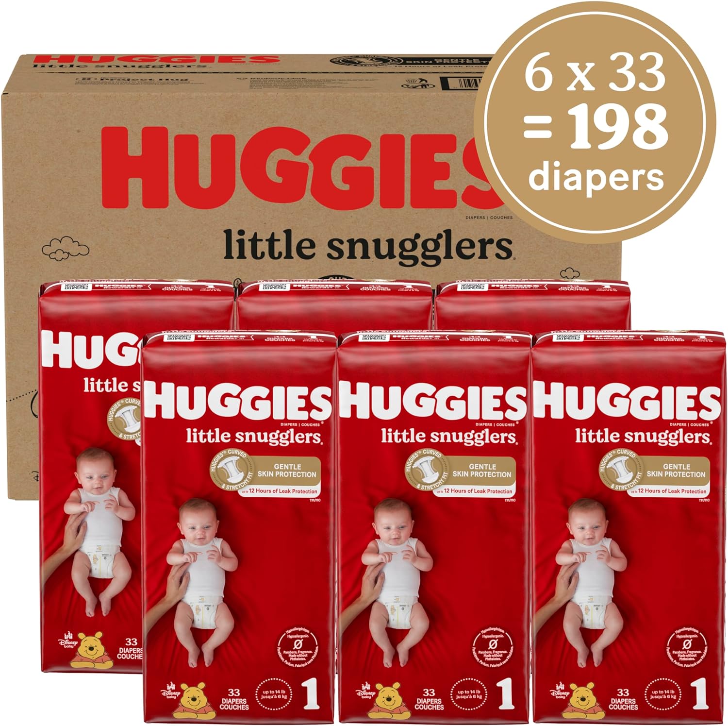 Huggies Size 1 Diapers, Little Snugglers Diapers, Size 1 (8-14 lbs), 198 Ct (6 packs of 33), Newborn