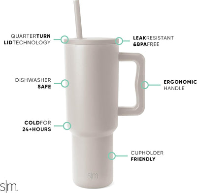 Simple Modern 40 oz Tumbler with Handle and Straw Lid | Insulated Cup Reusable Stainless Steel Water Bottle Travel Mug Cupholder Friendly | Gifts for Women Men Him Her | Trek Collection | Almond Birch