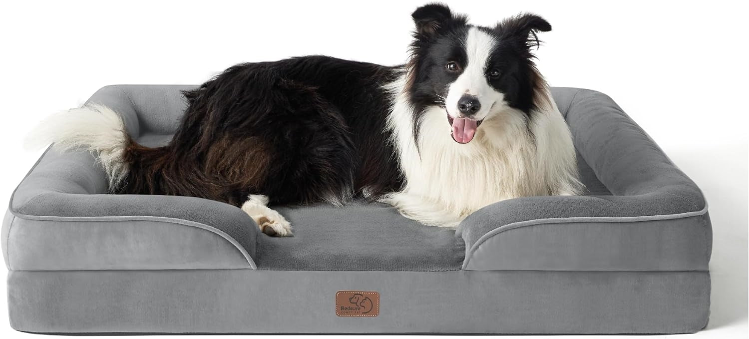 Bedsure Orthopedic Pet Bed - Large Washable Dog Sofa With Supportive Foam, Removable Cover, Waterproof Lining, Nonskid Bottom - Grey