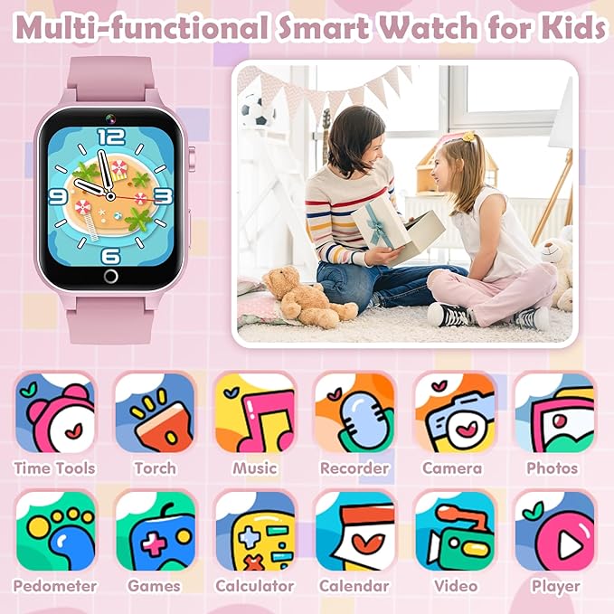 Smart Watch for Kids, with 26 Puzzle Games, Touch Screen, HD Camera, Alarm Clock, Toys for Ages 4-12 Years Old.Birthday Gift for Boys Girls (Pink)