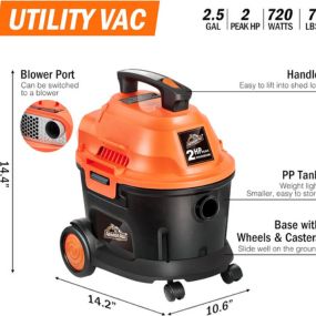 Armor All AA255W 2.5 Gallon 2 Peak HP Utility Wet/Dry Car and Shop Vac, 2.5-Gallon, Orange