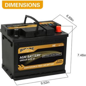 Weize Platinum AGM Battery BCI Group 47-12v 60ah H5 Size 47 Automotive Battery, 100RC, 680CCA, 36 Months Warranty