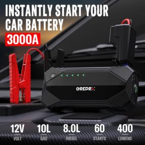 GREPRO Car Jump Starter, 3000A Car Battery, 12V Battery Booster, Jump Box with Jumper Cables,