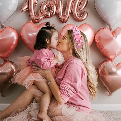 NVENF Valentine’s Day Headband for Women Love Heart Headband Jeweled Crystal Rhinestone Knotted Headband Red Pink Wide Top Knot Headband Valentine’s Day Hair Accessories Gifts (Letter 1 - Pink)