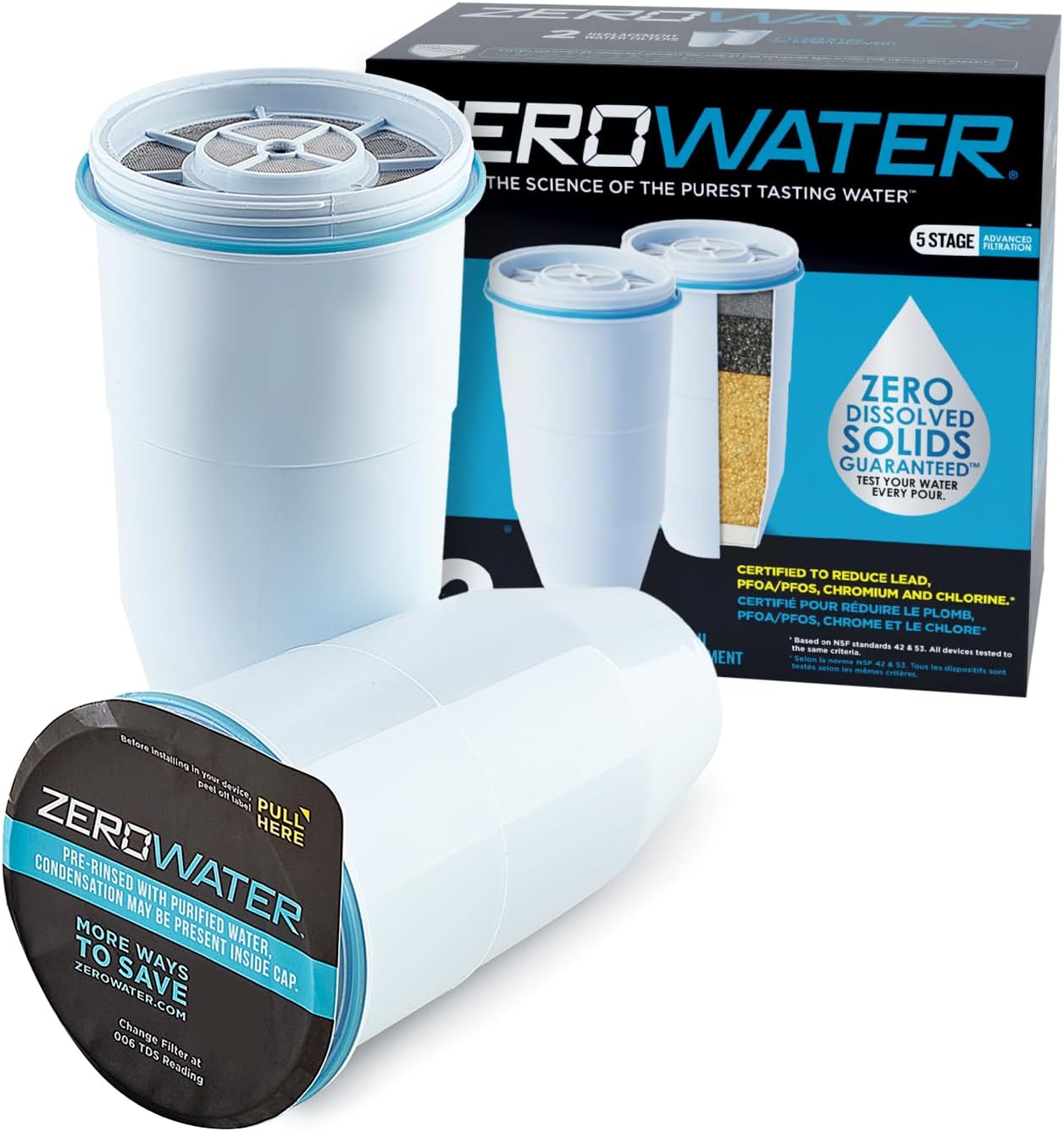 ZeroWater Official Replacement Filter - 5-Stage Filter Replacement 0 TDS for Improved Tap Water Taste - System IAPMO Certified to Reduce Lead, Chromium, and PFOA/PFOS, 2-Pack