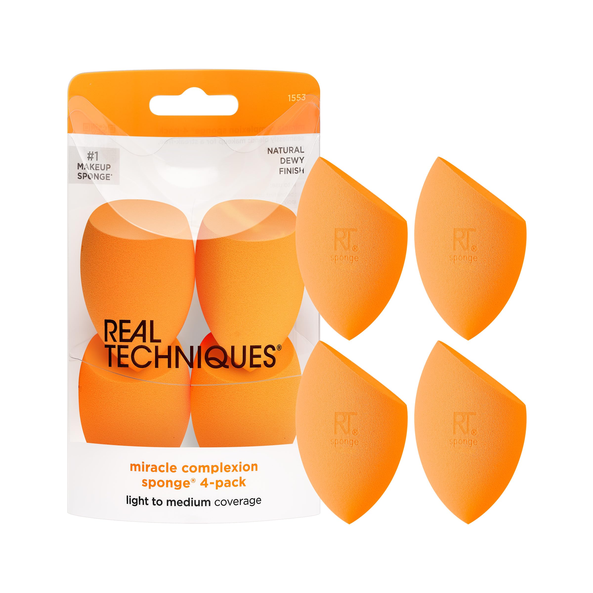 Real Techniques Miracle Complexion Sponge, Makeup Blender for Liquid and Cream Foundation, Full Coverage, Streak-Free Professional Makeup Tool, Cruelty Free, Vegan, Latex Free, 4 Count